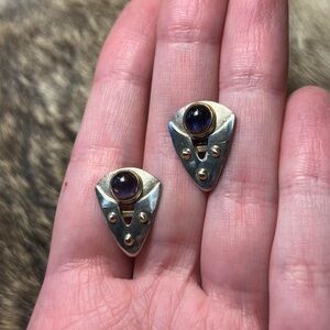 Sterling silver and 14k yellow gold triangular iolite post earrings